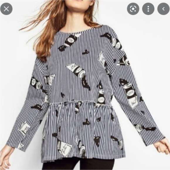 ❤️ ZARA Art Deco Paint Artist Striped Peplum Blouse Top Sz S - Picture 2 of 7